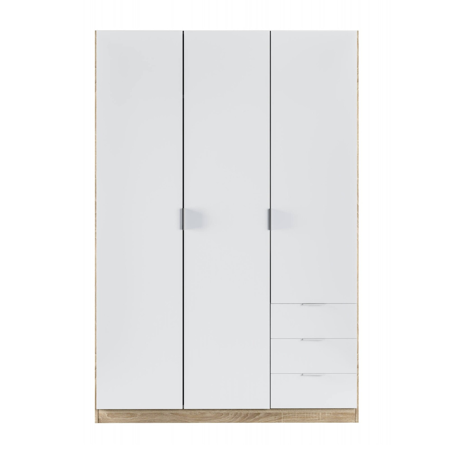 Guardaroba Allentown, Armadio per camera da letto a 3 ante e 3 cassetti, Mobile con barra appendiabiti e 3 ripiani, cm 121x52h180, Bianco e Rovere