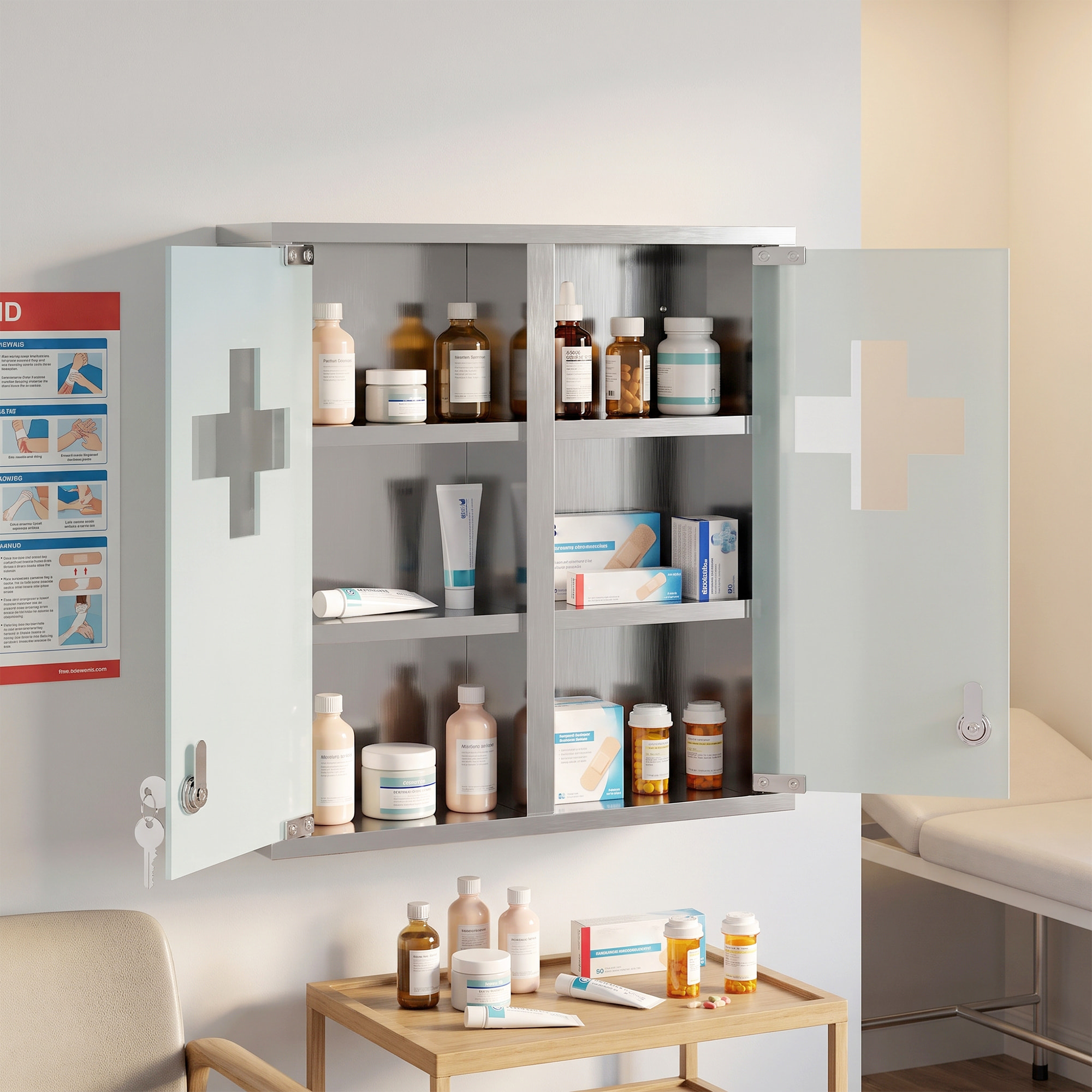 Botiquín de Pared de Primeros Auxilios, Botiquín de Medicinas de 3 Niveles con 2 Puertas de Cristal, Estantes, Cerradura y 2 Llaves, para Baño, Cocina, 46x12x48 cm, Plateado