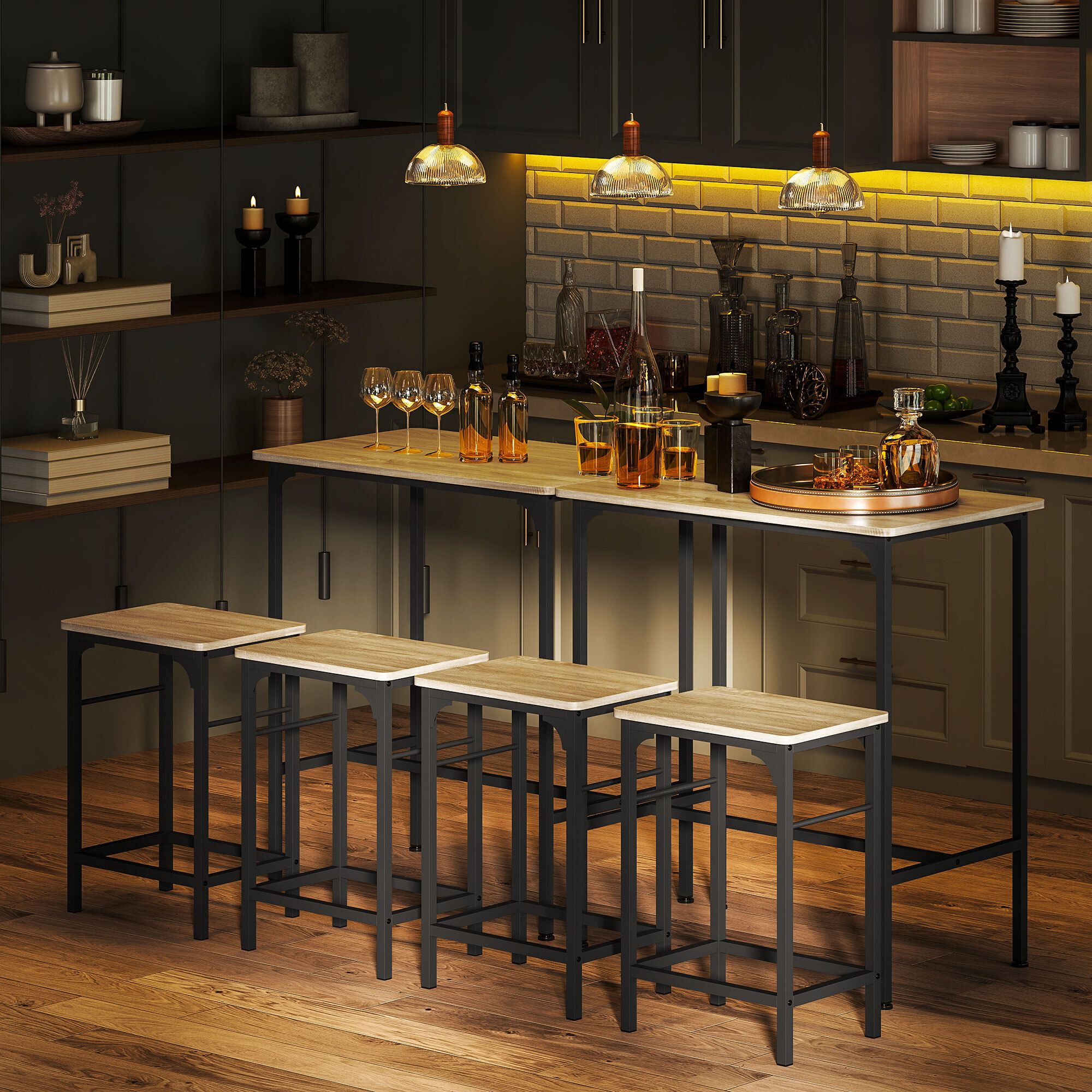 Ensemble table de bar avec 2 tabourets acier noir effet bois de chêne clair