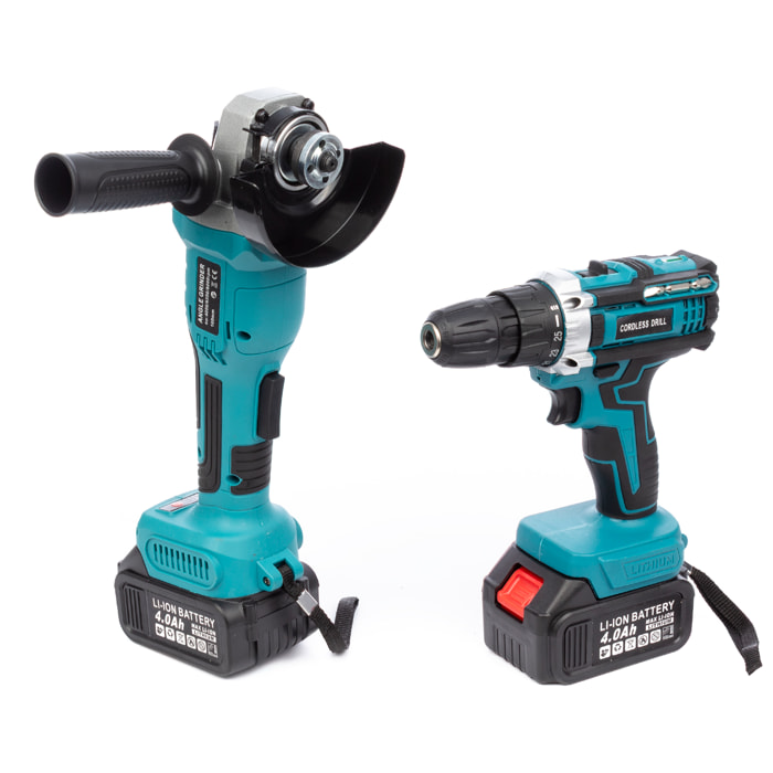 Set de 2 herramientas eléctricas con taladro y radial angular 21V. DOBLE BATERIA 13000 mah