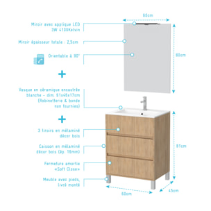 Pack Meuble Salle de Bains 60cm Chêne Clair 3 Tiroirs, Vasque, Miroir 60x80 et réglette Led - XENOS