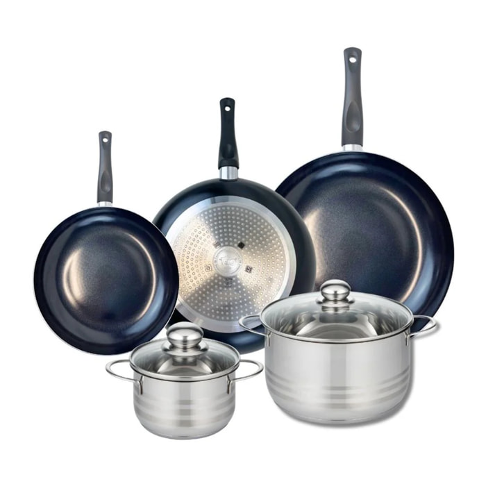 Ensemble de 3 Poêles de cuisson 20, 24 et 28 cm et 2 faitouts 14 et 20 cm Elo Prima Brillant