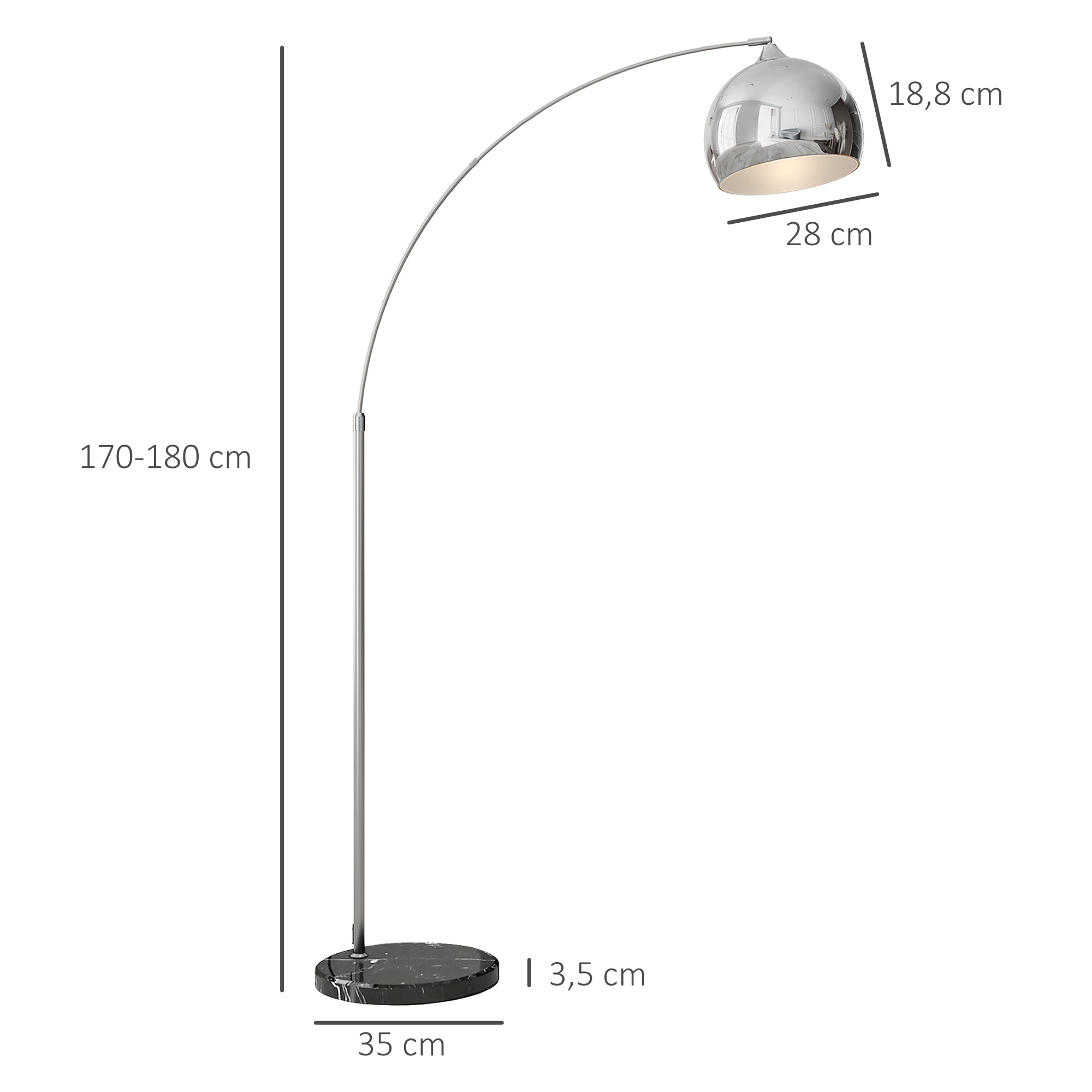 Lámpara de Pie Arco con Altura y Longitud Ajustable Lámpara de Lectura para Bombilla E27 Potencia Máx. 40 W con Interruptor de Pie 110-115x30x170-180 cm Plata y Negro