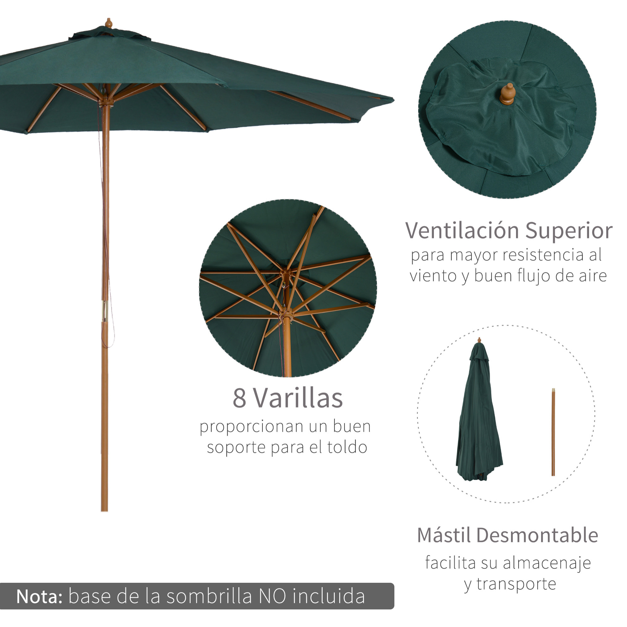 Sombrilla para Playa de Poliéster Madera 2,45x3m Verde