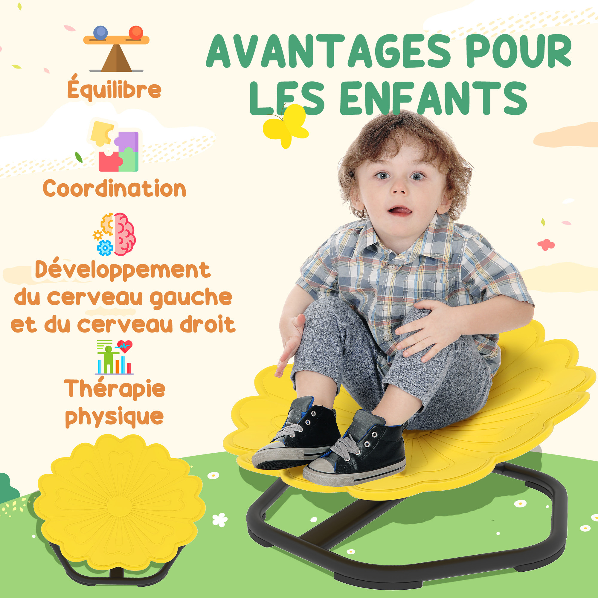 Chaise pivotante sensorielle pour enfant – Siège d'entraînement à l'équilibre et à la coordination – Jaune