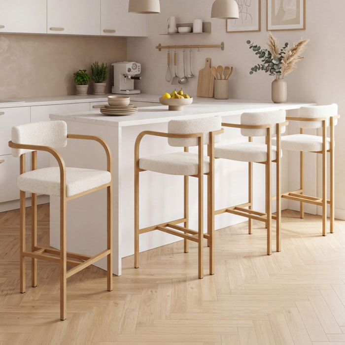 Tabourets de bar Elsa bouclette blanche pieds effet bois - lot de 4