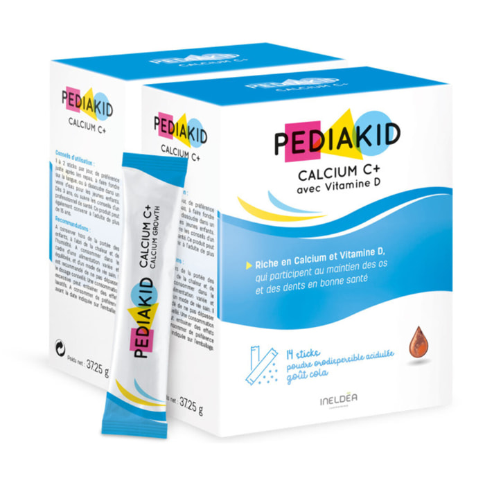 PEDIAKID - Calcium C+ et Vitamine D - Complément Alimentaire Naturel - Couvre 100% des AJR en Calcium - Maintien du capital osseux et dentaire - Goût Cola - Sticks de poudre orodispersible - Lot de 2
