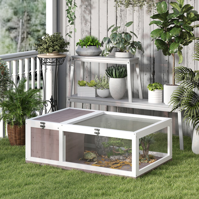 Casa para Tortugas de Madera, Terrario para Reptiles con Techo de Malla Abrible, Paneles Laterales Transparentes Extraíbles y Pestillo de Seguridad, 91x60,5x32 cm, Marrón Grisáceo