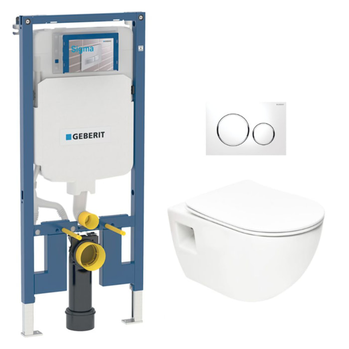 Duofix Pack Bâti-support extra-plat UP720 + WC sans bride SAT + Abattant SoftClose + Plaque Blanche et Chrome
