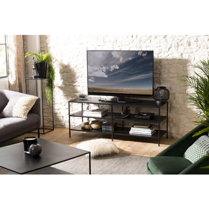 ROBIN - Meuble TV noir 2 étagères métal industriel