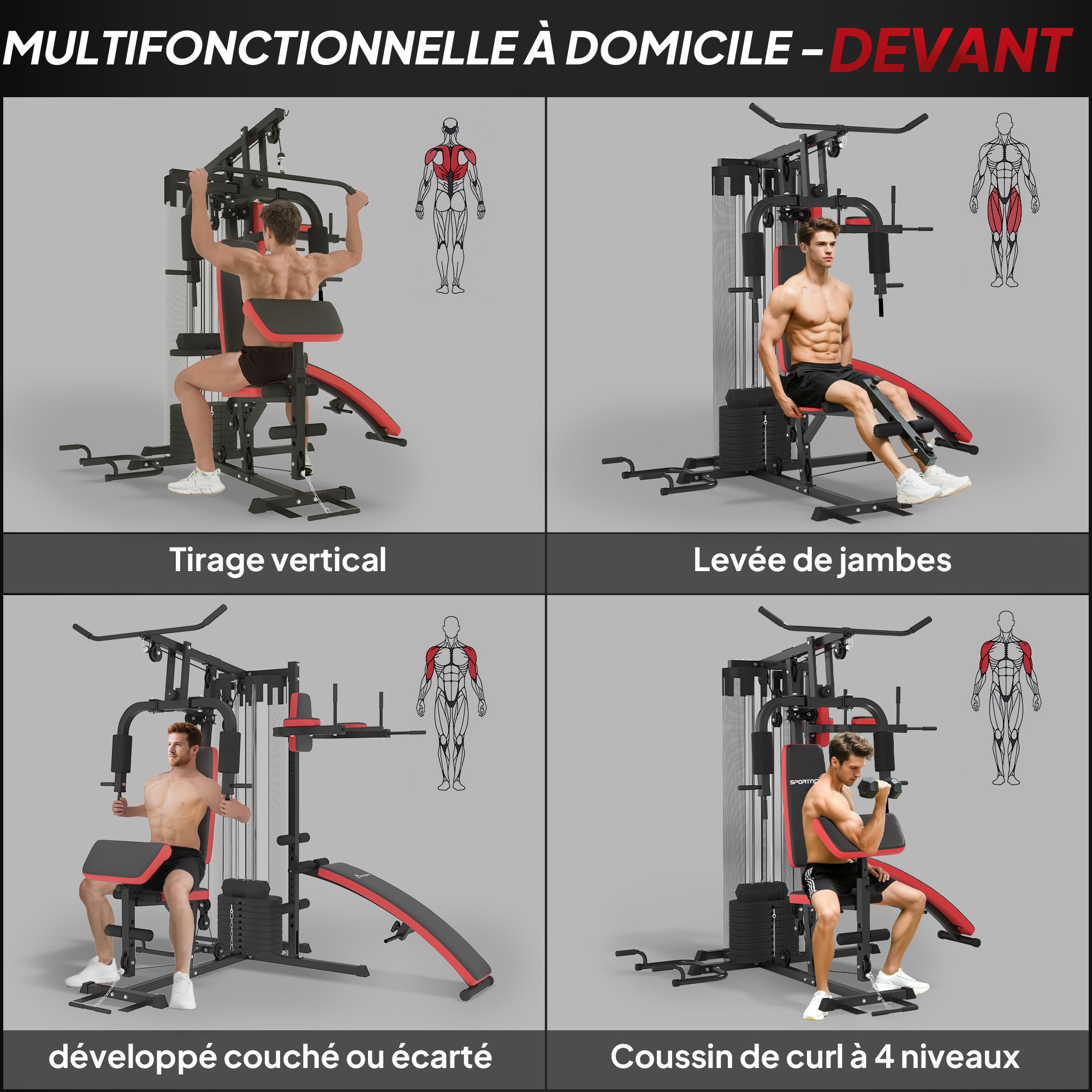 Station de musculation - banc, développé couché, butterfly, barre latissimus et traction, curler, bande résistance, 10 contrepoids - rouge