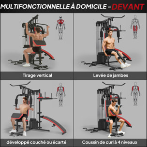 Station de musculation - banc, développé couché, butterfly, barre latissimus et traction, curler, bande résistance, 10 contrepoids - rouge