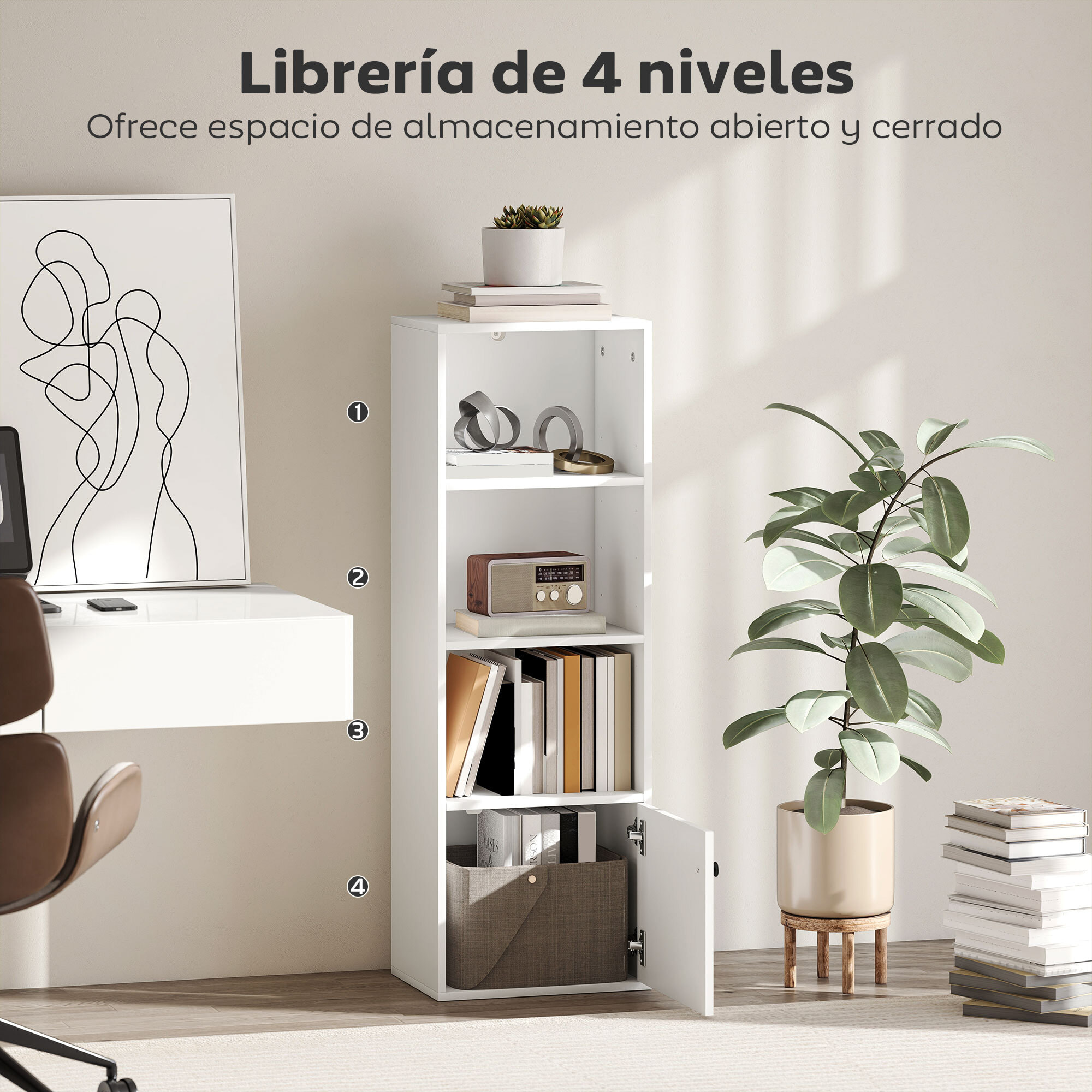 Librería de 4 Niveles, Estantería para Libros con Estantes Ajustables y Puerta, Estantería Moderna, 40x30x120 cm, para Salón, Dormitorio, Estudio, Oficina, Blanco