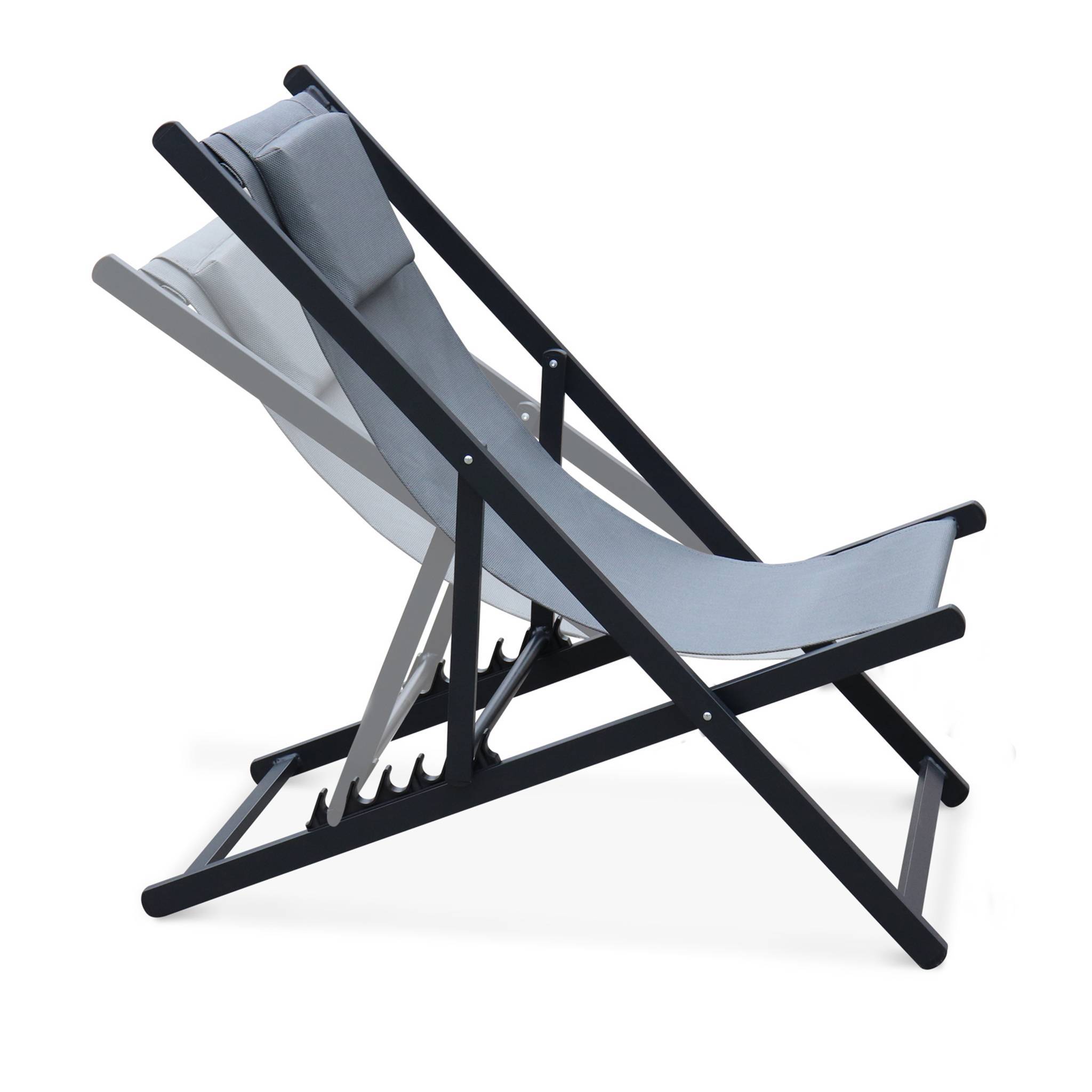 Lot de 2 bains de soleil - Gaia gris - Transat en aluminium gris anthracite et textilene gris avec coussin repose tête. chilienne