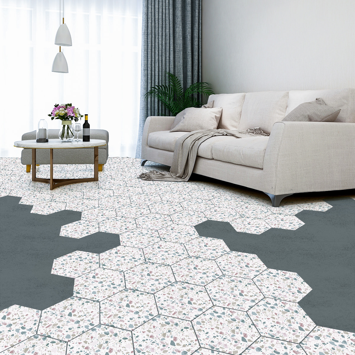 Sticker Sol avec laminat de Protection en Plastique Anti-dérapant | Stickers adhésif Sol - TOMETTES TERRAZZO NUCCIO -
