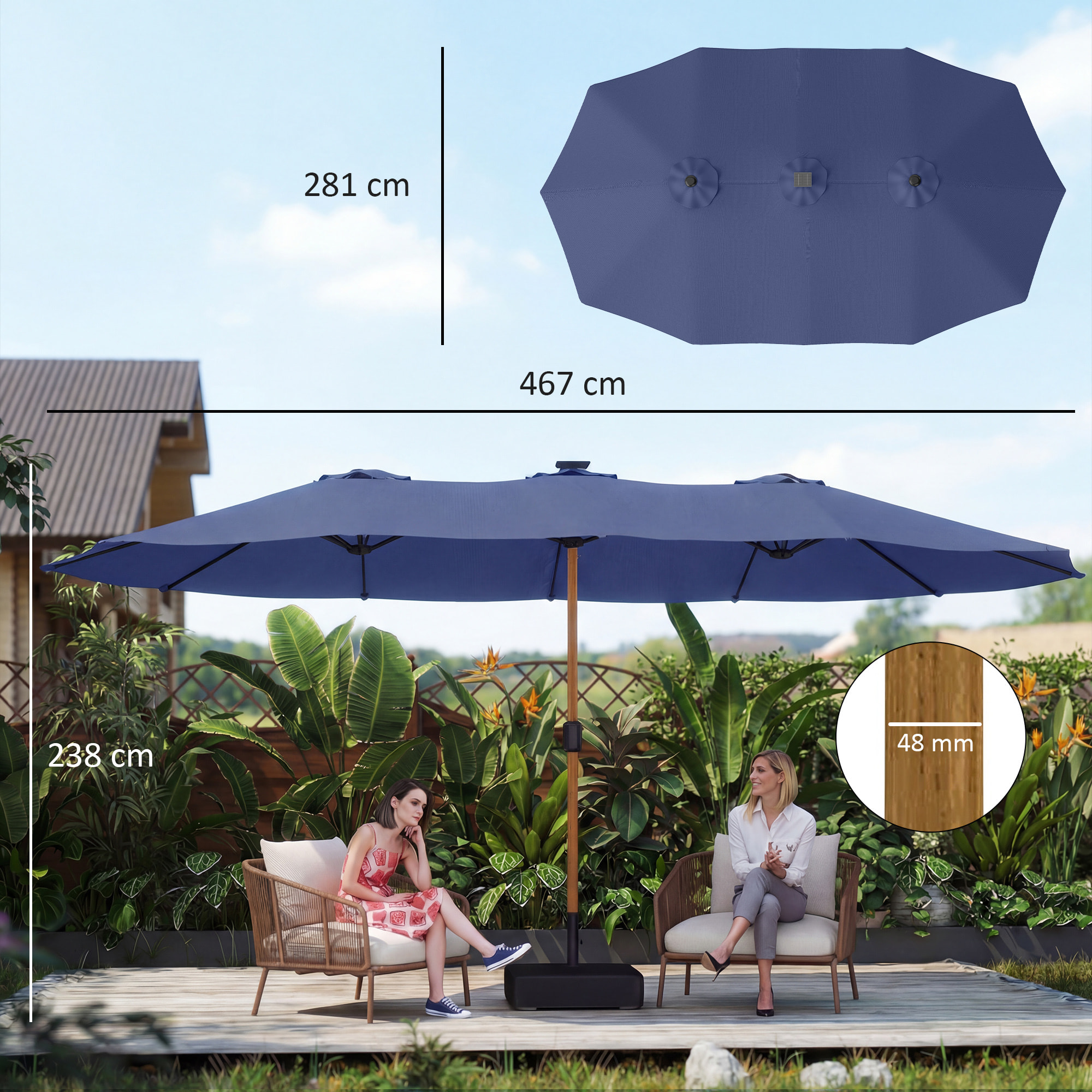 Sombrilla Doble 4,7x2,8 m, Sombrilla Terraza Exterior con Base Incluida, Manivela Manual, Sacos de Arena y Funda, Anti-UV, Resistente al Agua, Parasol para Jardín, Terraza, Patio, Azul Oscuro