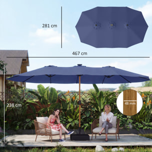 Sombrilla Doble 4,7x2,8 m, Sombrilla Terraza Exterior con Base Incluida, Manivela Manual, Sacos de Arena y Funda, Anti-UV, Resistente al Agua, Parasol para Jardín, Terraza, Patio, Azul Oscuro