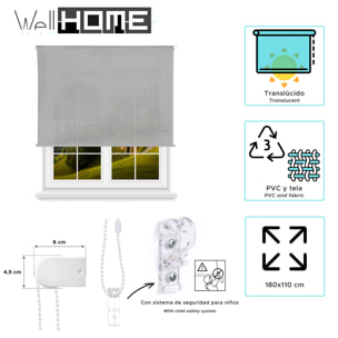 Well home estor enrollable translúcido liso - gris, 180 x 110cm (ancho x largo)/tamaño de la tela 177 x 105cm