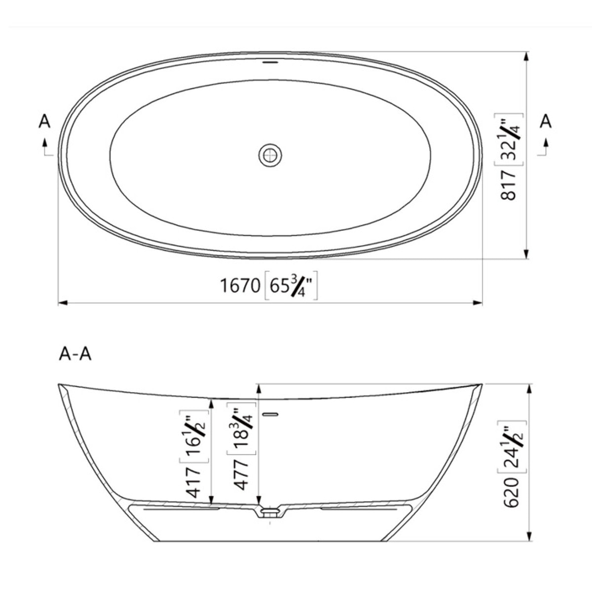 Paula 167x81,8 cm Baignoire îlot en marbre Coulé 260L, sans pieds, blanc (SATPA1670)