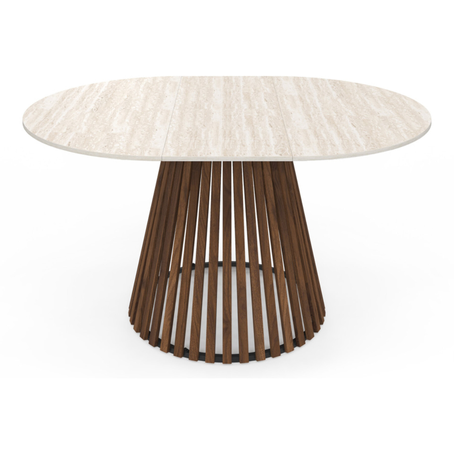 Table à manger ronde extensible Camélia effet travertin et pied lattes Ø110-150cm
