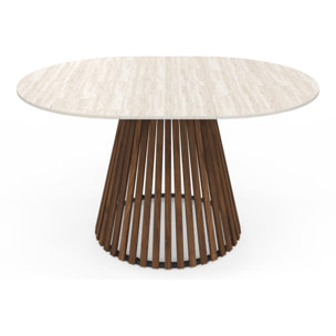 Table à manger ronde extensible Camélia effet travertin et pied lattes Ø110-150cm