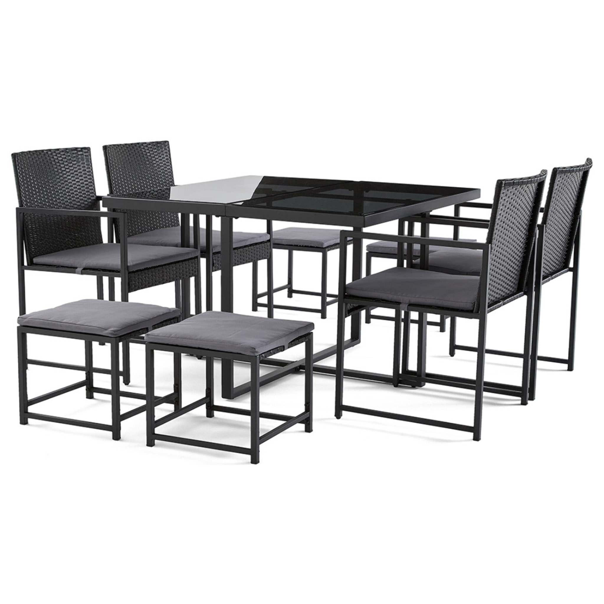 Olaria - ensemble table et chaises de jardin en acier noir - 8 places - coussins gris - Noir / Gris