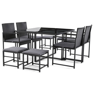 Olaria - ensemble table et chaises de jardin en acier noir - 8 places - coussins gris - Noir / Gris