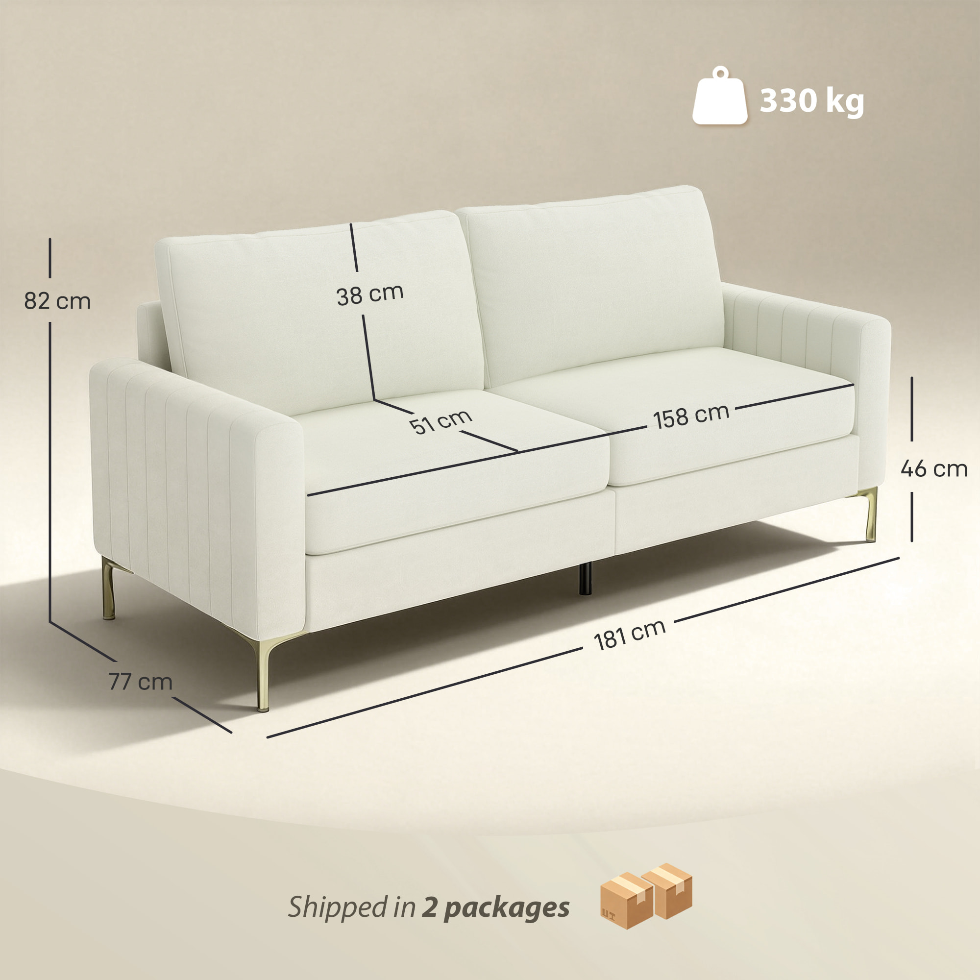 Sofá de 3 Plazas, Sofá de Salón de 181 cm, Tapizado en Terciopelo, Cojines Gruesos, Patas de Metal, Estructura de Madera, para Sala de Estar, Dormitorio, Oficina, Crema