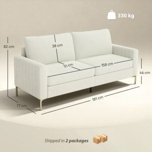 Sofá de 3 Plazas, Sofá de Salón de 181 cm, Tapizado en Terciopelo, Cojines Gruesos, Patas de Metal, Estructura de Madera, para Sala de Estar, Dormitorio, Oficina, Crema