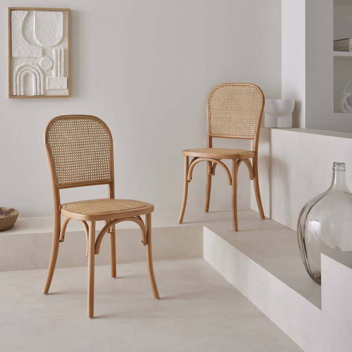 Lot de deux chaises naturelles vintage en bois avec assise et dossier en rotin