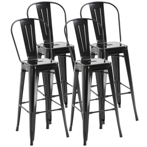 Lot de 4 tabourets de bar industriel avec dossier hauteur assise 76,5 cm métal noir