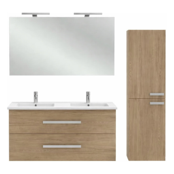 Meuble double vasque 120 cm Ola Up chêne + colonne + miroir et spots