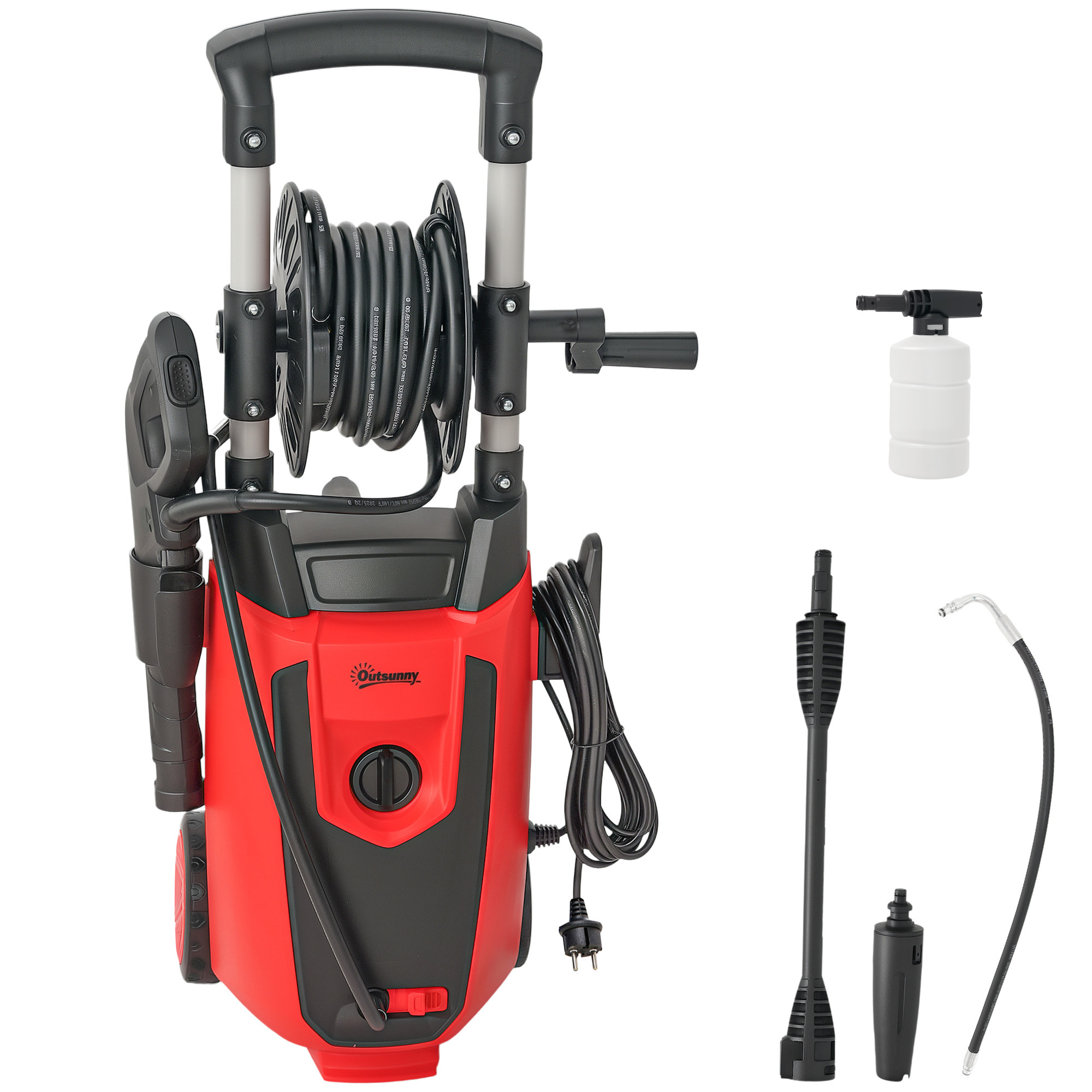 Hidrolimpiadora de Alta Presión 1800W, Presión 150 Bar, Caudal 420 L/h, con Bomba de Aluminio, Parada Automática, Manguera de 6 m, Incluye Botella de Espuma y Boquilla Ajustable, Rojo y Negro