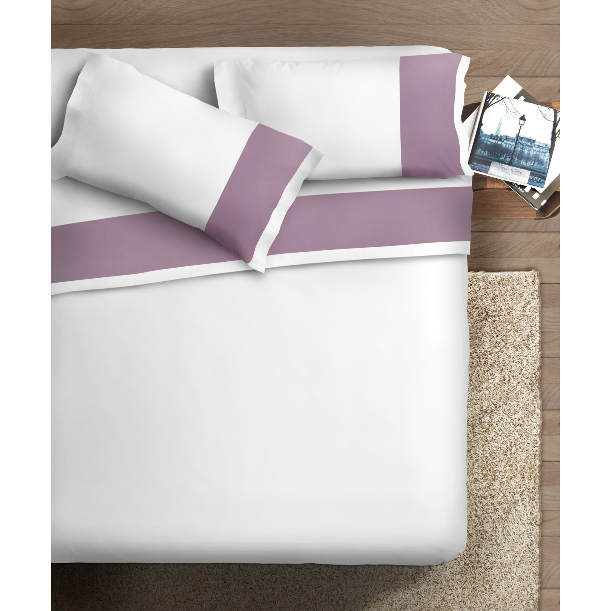 Completo letto bordo RASO IPERSAN Puro Cotone Malva fondo Bianco