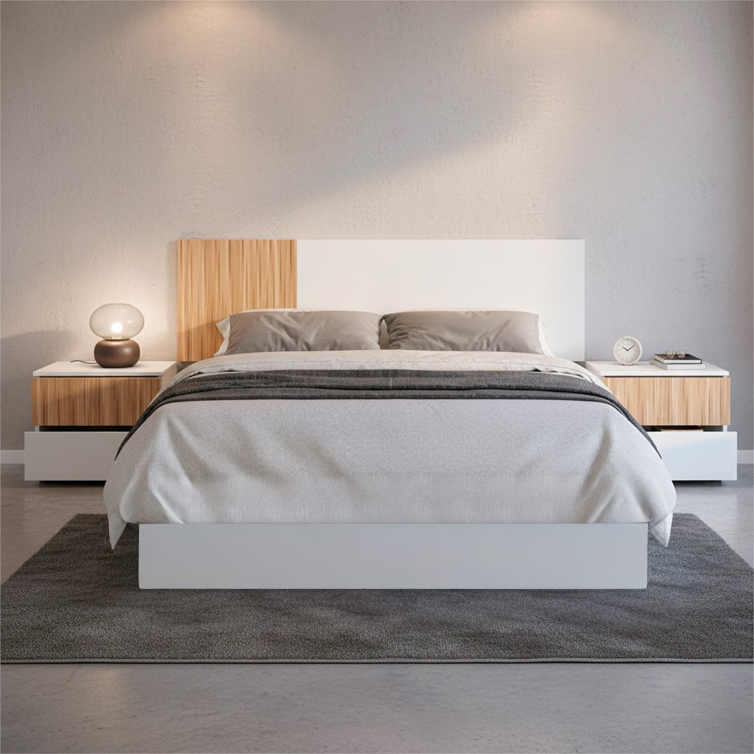 Testiera Letto Matrimoniale Da 160 Cm Con 2 Comodini A 2 Cassetti Set Camera Da Letto Moderno Con Fissaggio A Parete Design Bianco E Legno Naturale