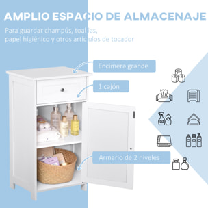 kleankin Armario de Baño con 1 Cajón 1 Puerta y Estante Ajustable Interior Mueble Auxiliar de Almacenaje para Salón Cocina Antivuelco 43x34x77 cm Blanco