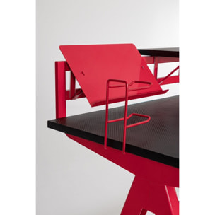 Scrivania GAMING in legno e pvc nero con base acciaio rosso, 135,5 x 60 cm