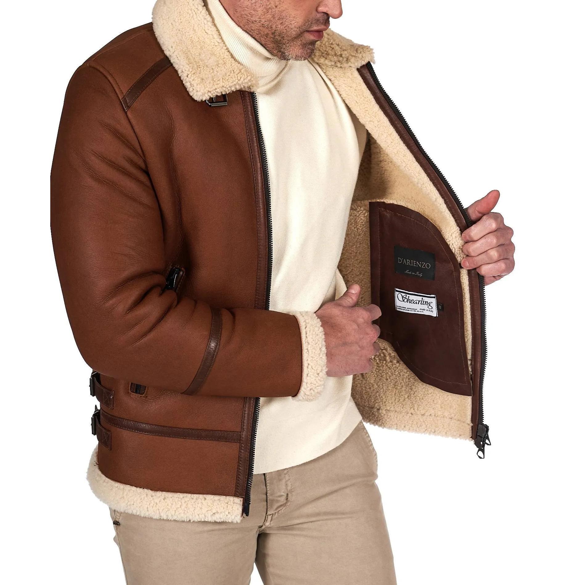 Montone cuoio Shearling biker uomo collo camicia con fibbia