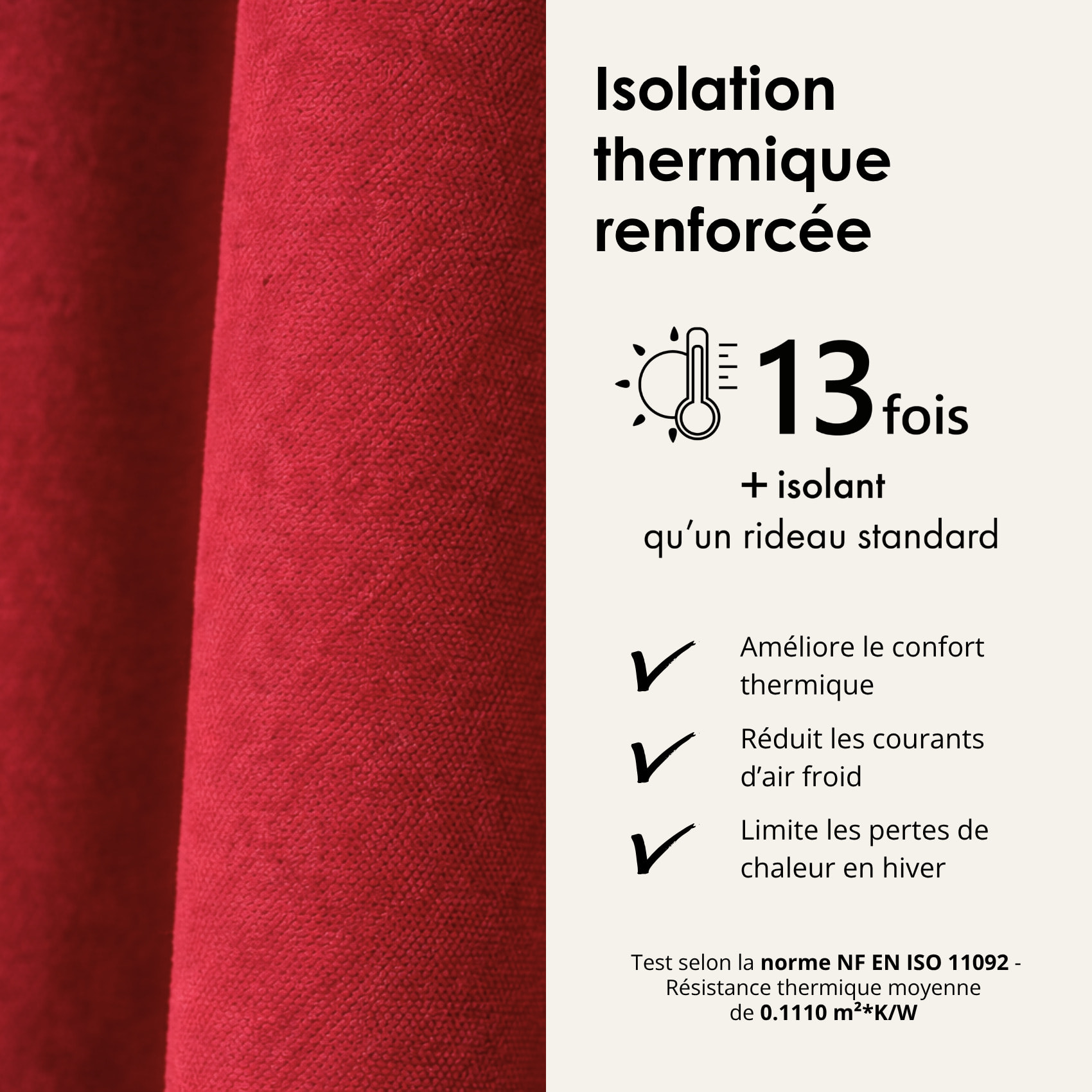 Rideau thermique phonique et semi occultant à galons fronceurs KONFOR - Rouge