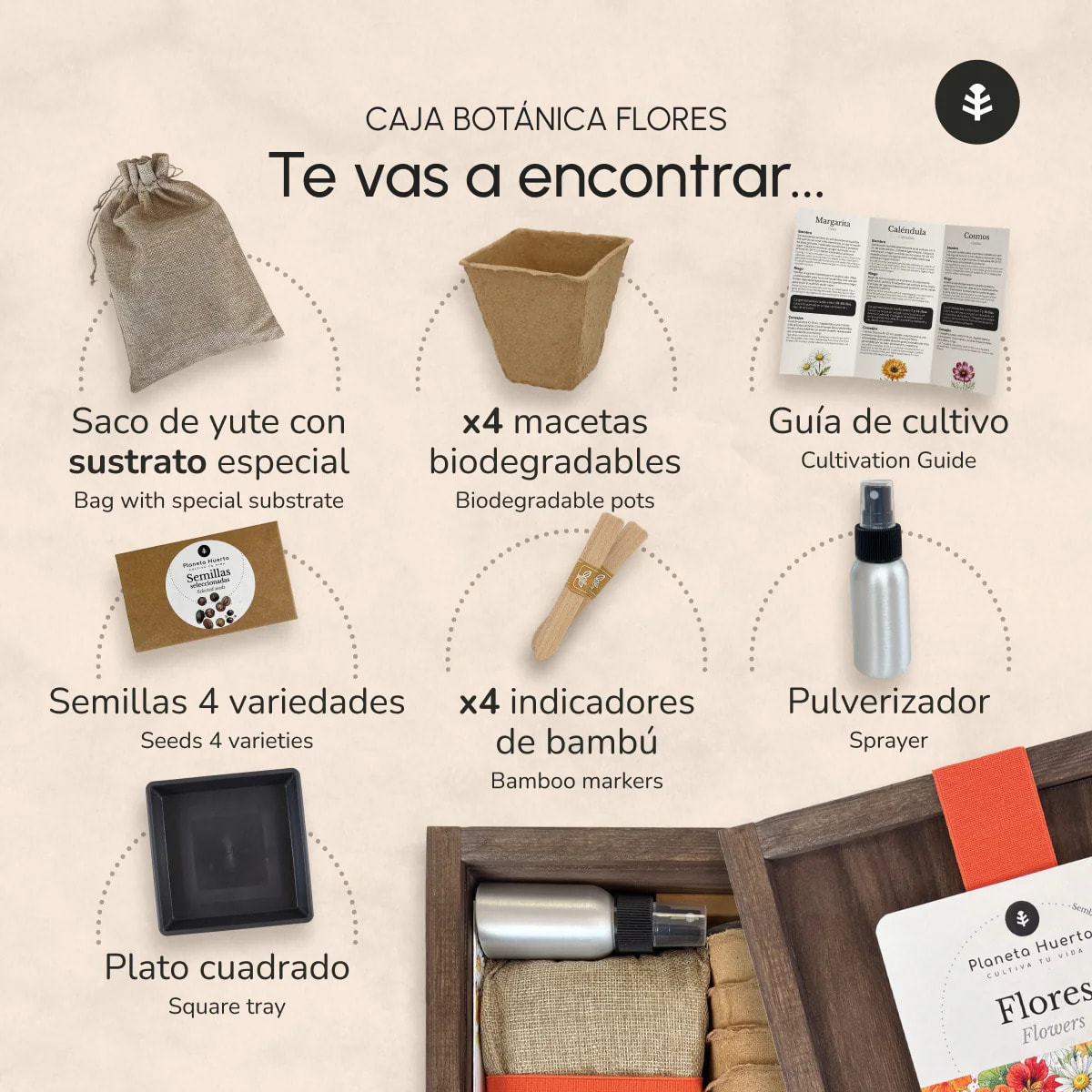 Kit de Cultivo de Flores en Caja de Madera – Regalo Original Planeta Huerto