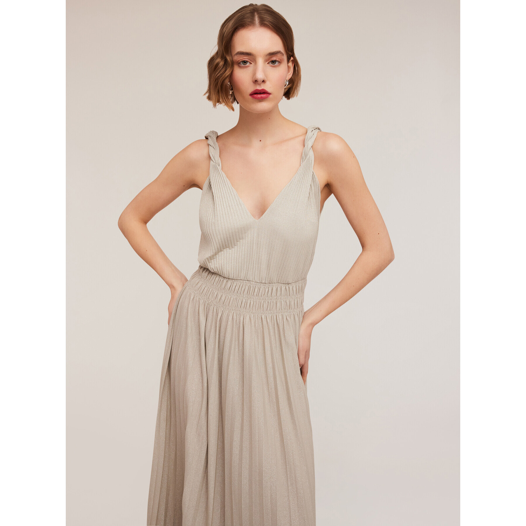 Motivi - Vestido largo plisado en tejido de punto lúrex - Gris