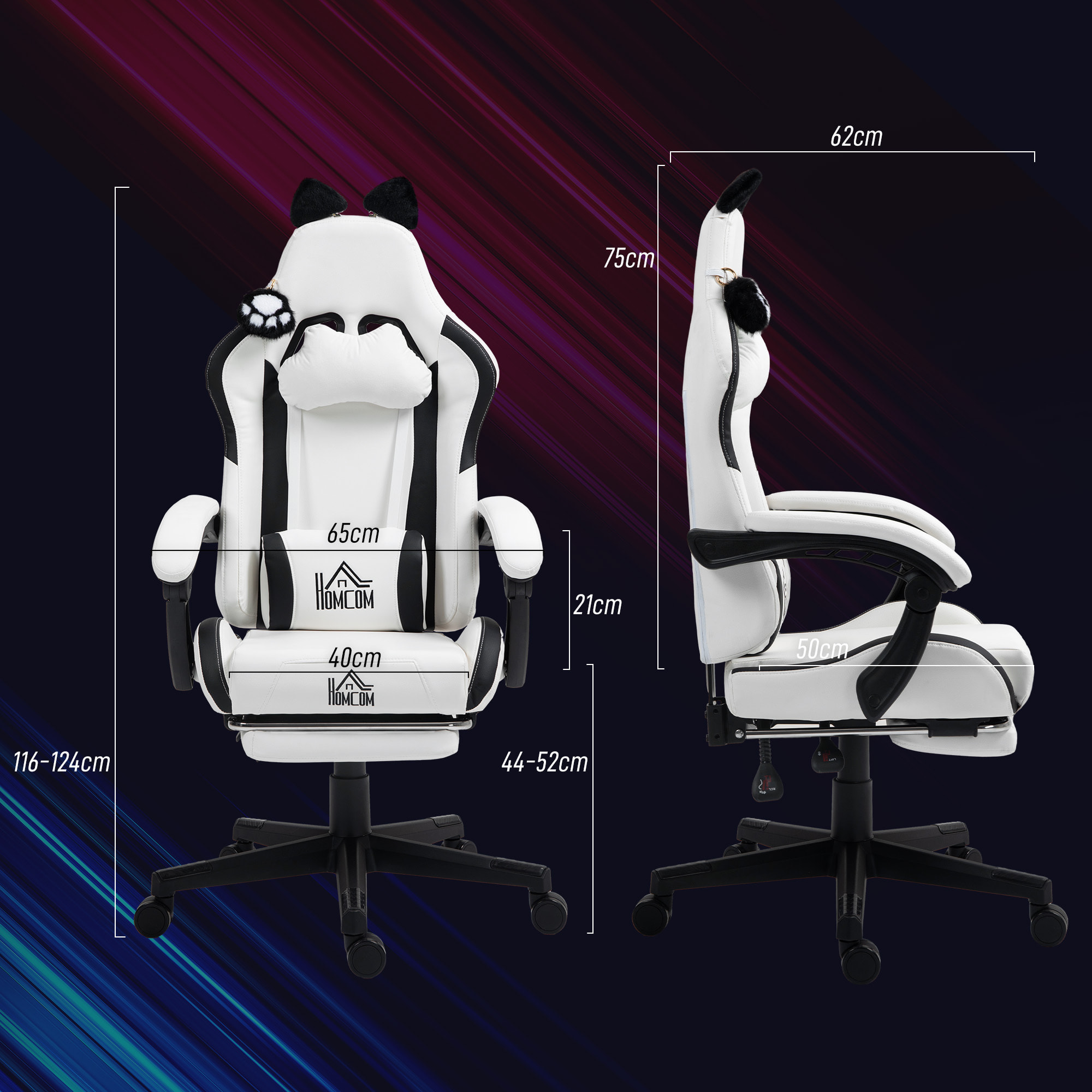 Silla Gaming con Orejas Silla Gamer Reclinable con Altura Ajustable Reposapiés Retráctil Soporte Lumbar y Reposacabezas Desmontable Silla para Oficina Estudio Blanco