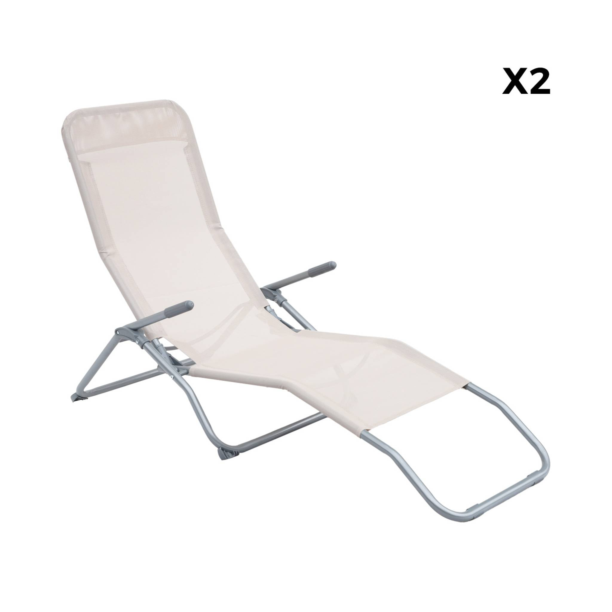 Lot de 2 bains de soleil pliants - Levito Taupe - Transats textilène 2 positions. chaises longues