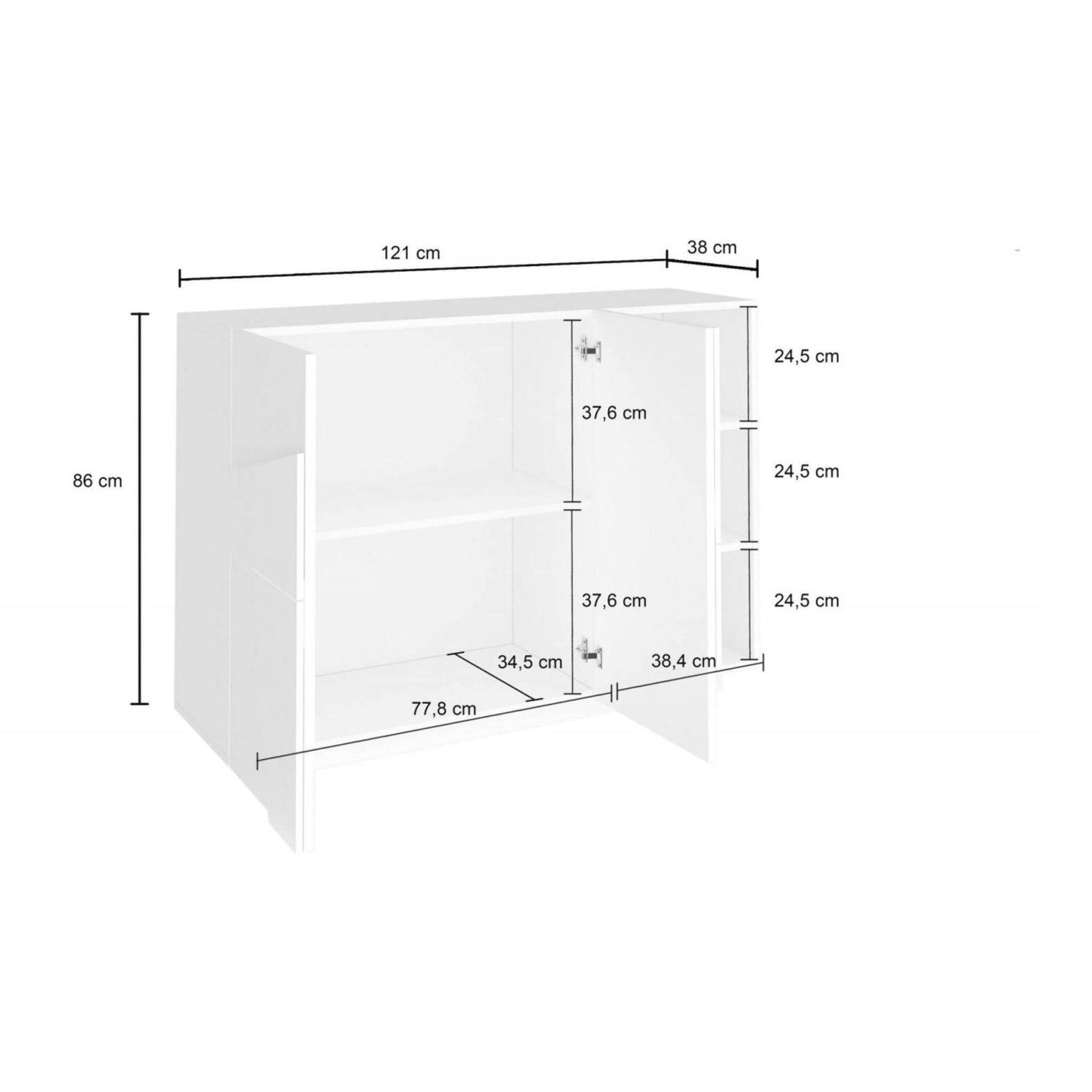 Mobile da ingresso a 3 ante e ripiani interni, Made in Italy, Entratina moderna, Credenza per atrio, cm 121x38h86, colore Bianco lucido