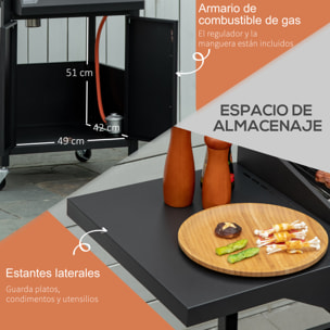 Barbacoa de Gas con 3 Quemadores 8,7 KW Termómetro 2 Parrillas de Gas con 2 Mesas Laterales Armario de 2 Puertas 4 Ruedas y Frenos Acero al Carbono para BBQ 121x55x109 cm Negro