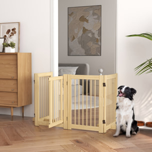 Barrera de Seguridad para Perros de Madera Plegable, para Escaleras y Puertas, Valla para Perros Pequeños y Medianos de 4 Paneles, con Soporte de Pie, para Interiores, 204x36x75 cm, Natural