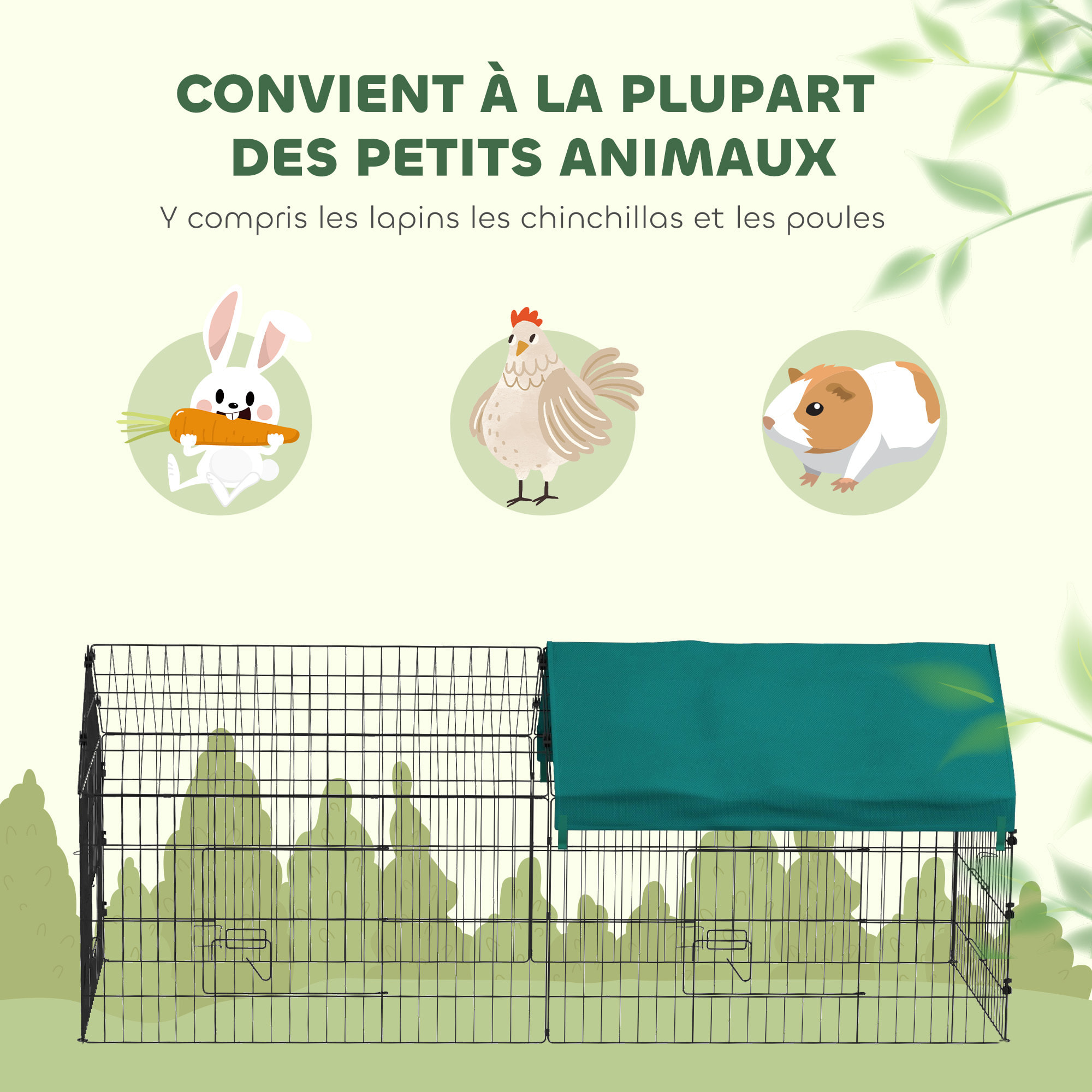 Parc enclos petits animaux - 2 portes, 2 trappes nourrissages, zone couverte - acier noir polyester vert