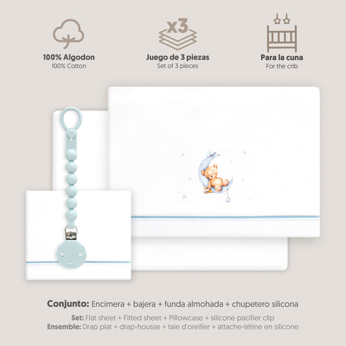 Triptico Cuna Estampado Oso Luna Estrellas + Broche Bco/Azul
