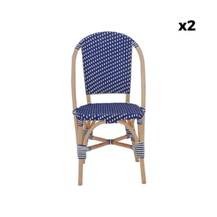 Lot de 2 chaises empilables bistrot en rotin et polyrotin bleu et blanc. L 48 x P 58 x H 90cm