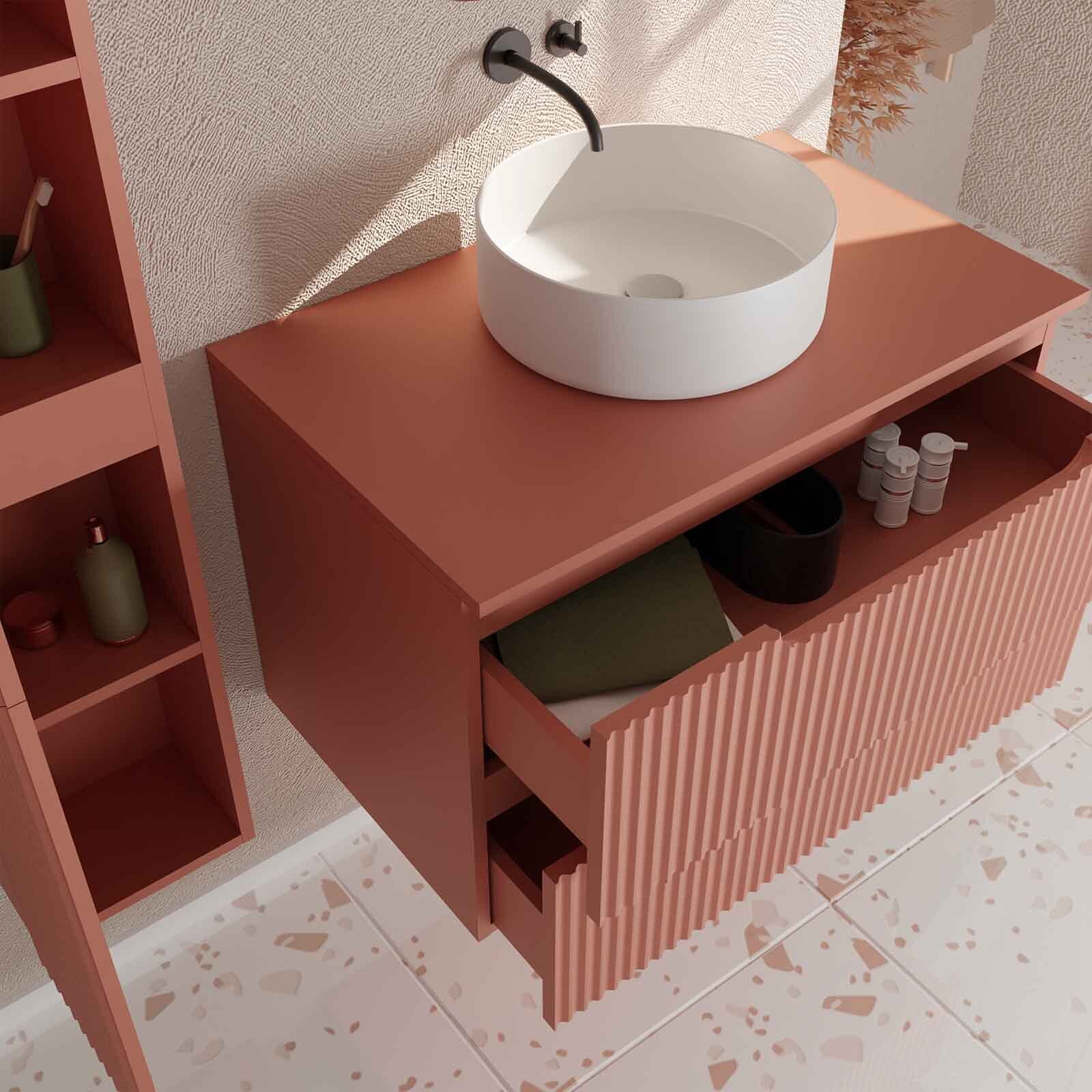 Meuble et colonne de Salle de Bains LEON 80cm Terracotta - Façades Ondulées - Vasque Ronde 36cm